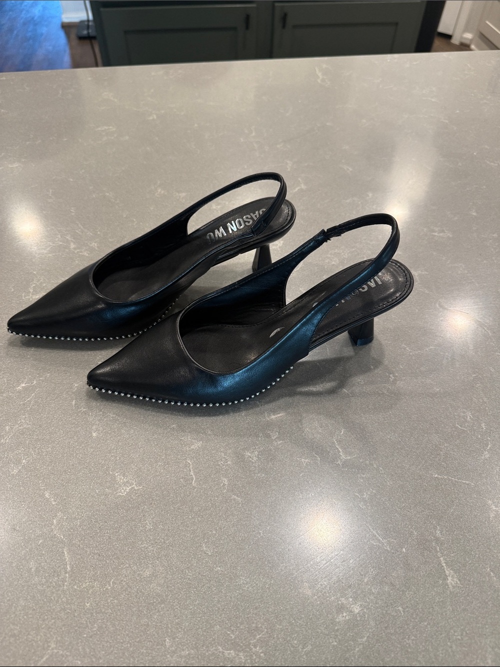 Jason Wu Black Pointed Slingback Kitten Heels with Silver Stud Detailing